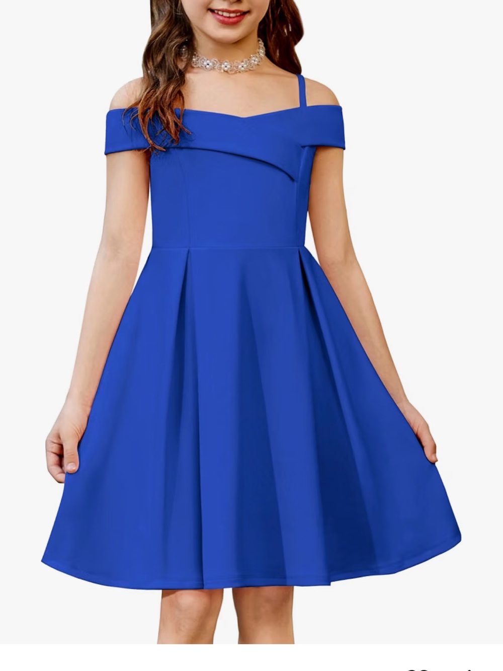 Girls Off-Shoulder Pleated Party Dress - Royal Blue